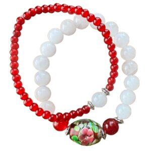 Set of 2  Stretch Bracelets 7.5" Natural Gemstones , white Jade NWT (WJW030)
